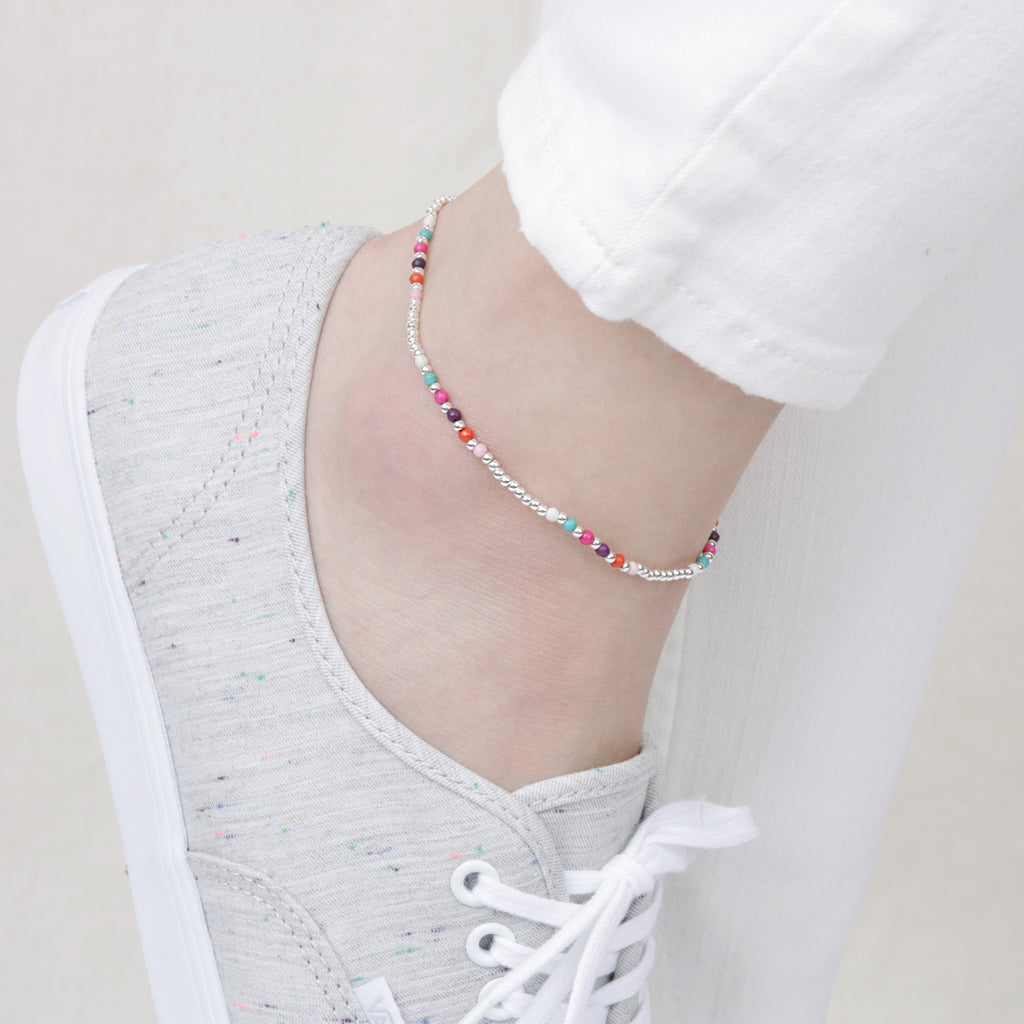 Rainbow Beads Silver Anklet