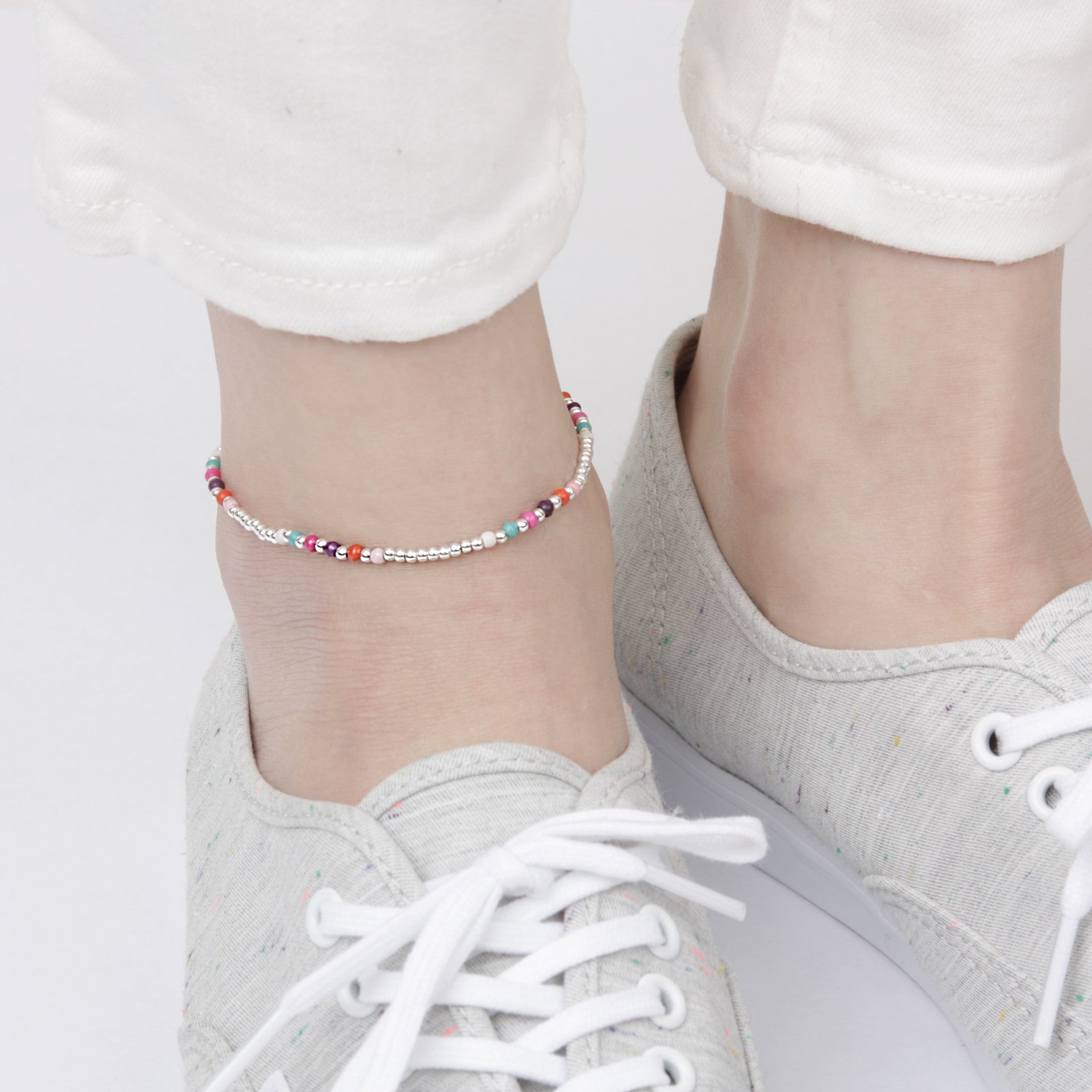 Rainbow Beads Silver Anklet